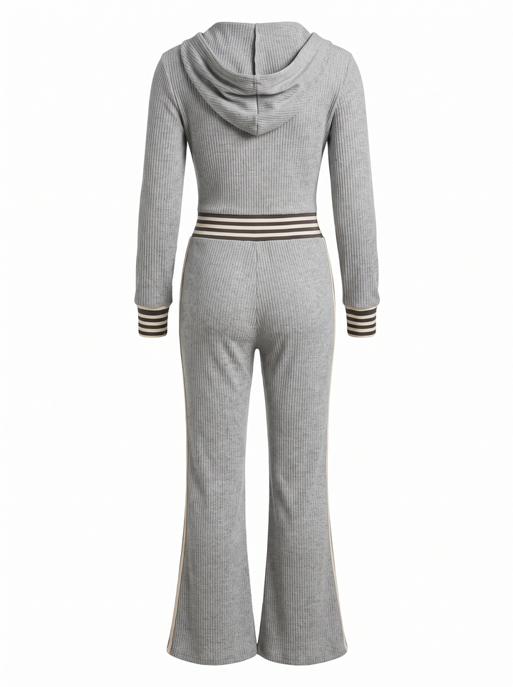 Imogen ribbed knit hooded zip jumpsuit in heather grey, back