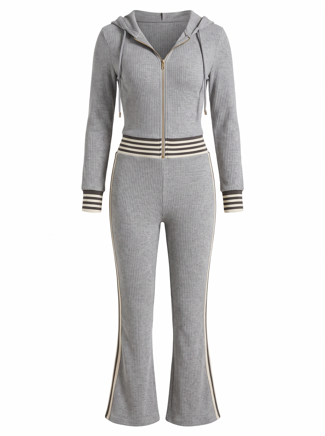 Imogen ribbed knit hooded zip jumpsuit in heather grey, front