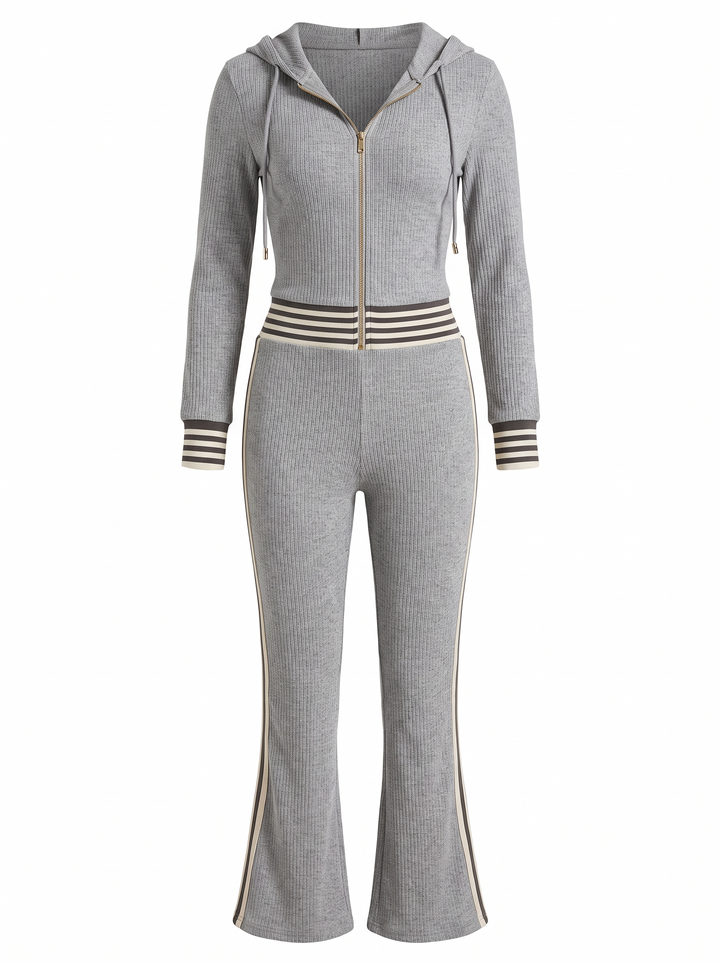 Imogen ribbed knit hooded zip jumpsuit in heather grey, front