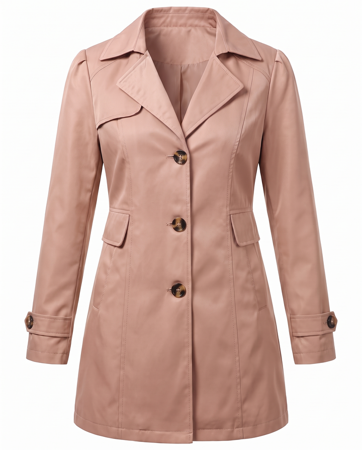 Clementine fitted mid-length trench coat in pink, front