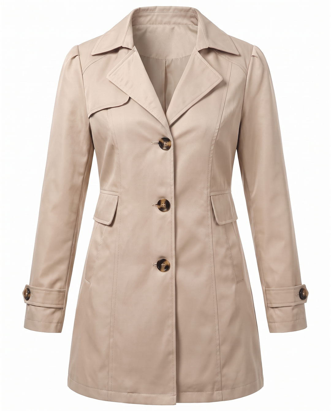 Clementine fitted mid-length trench coat in light beige, front