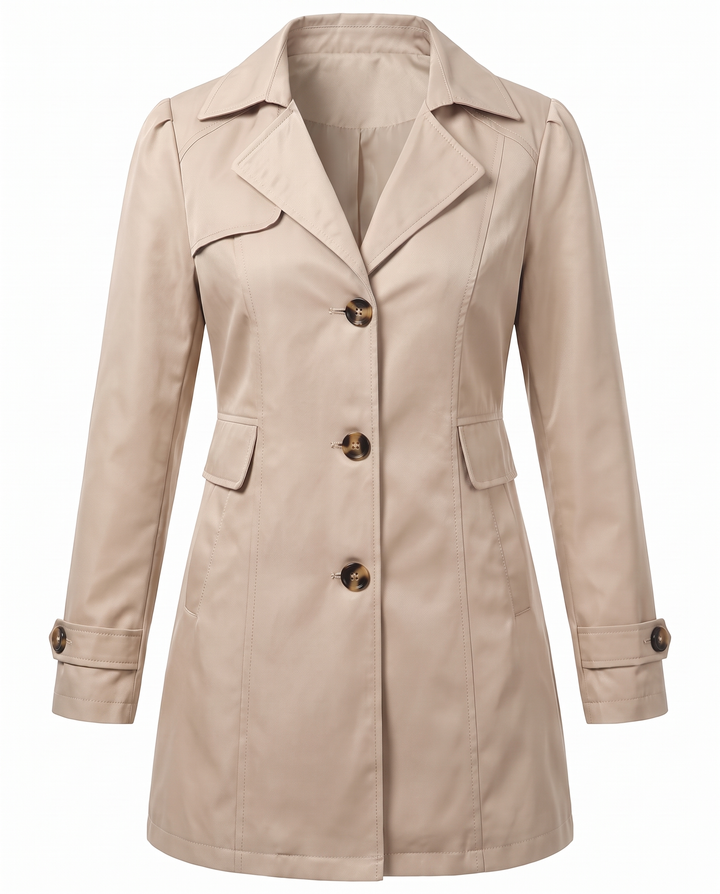 Clementine fitted mid-length trench coat in light beige, front