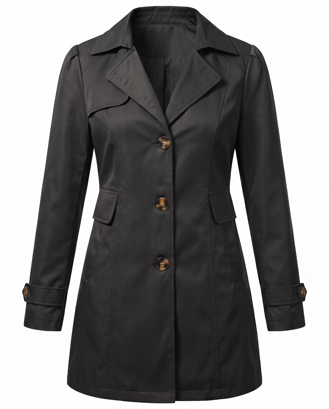 Clementine fitted mid-length trench coat in black, front