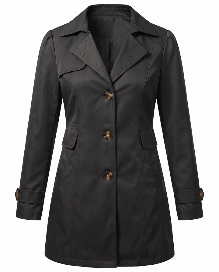 Clementine fitted mid-length trench coat in black, front