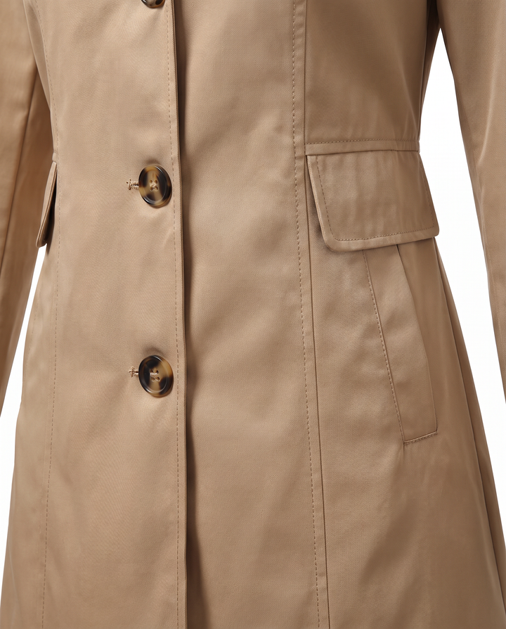 Clementine trench coat detail, tortoiseshell buttons and flap pocket