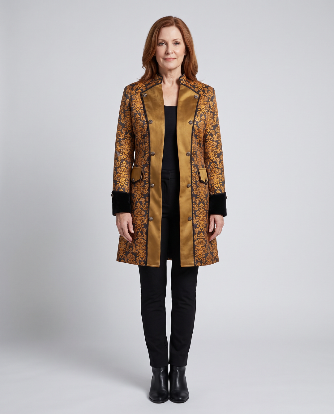 Embellished brocade stand-collar coat