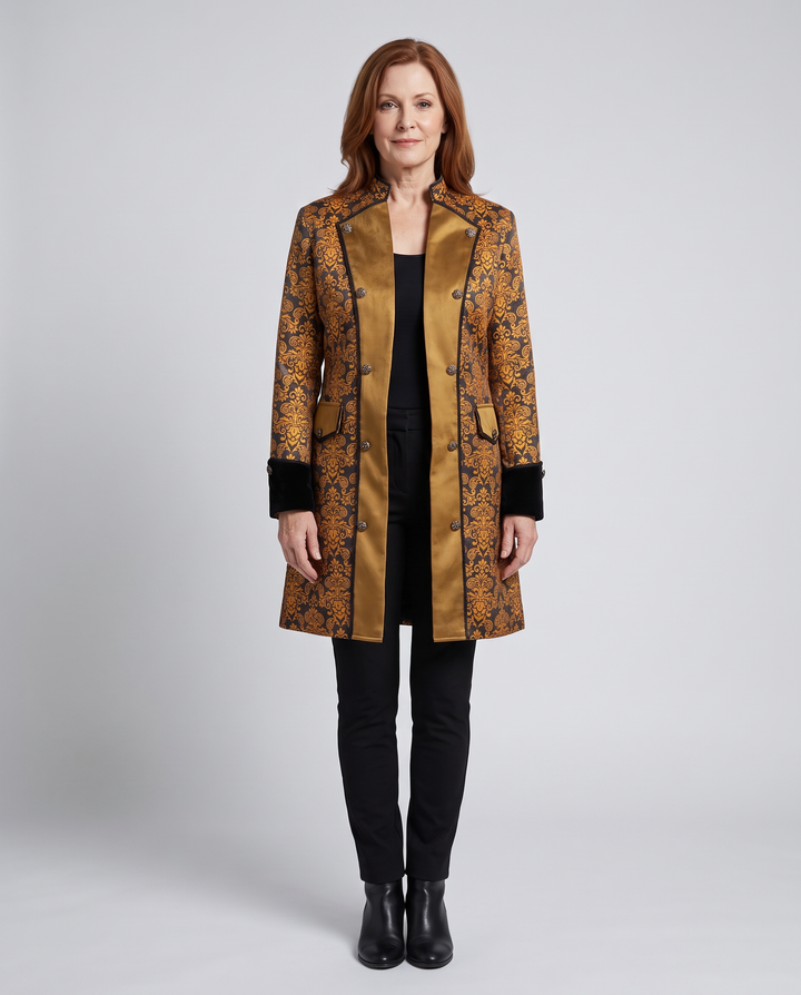 Embellished brocade stand-collar coat