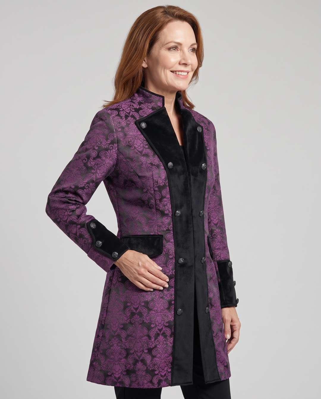 Embellished brocade stand-collar coat