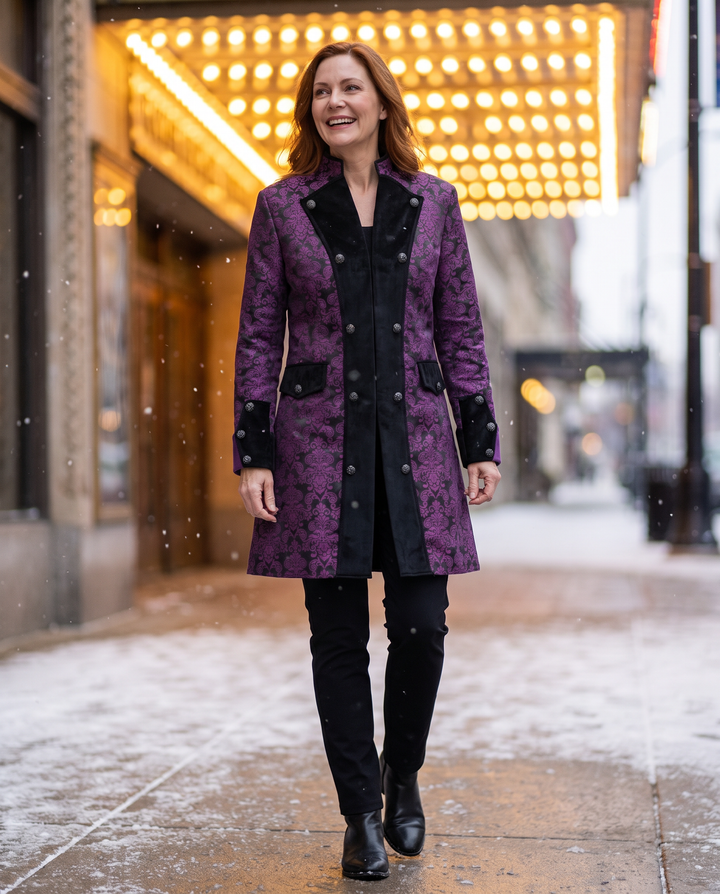 Embellished brocade stand-collar coat