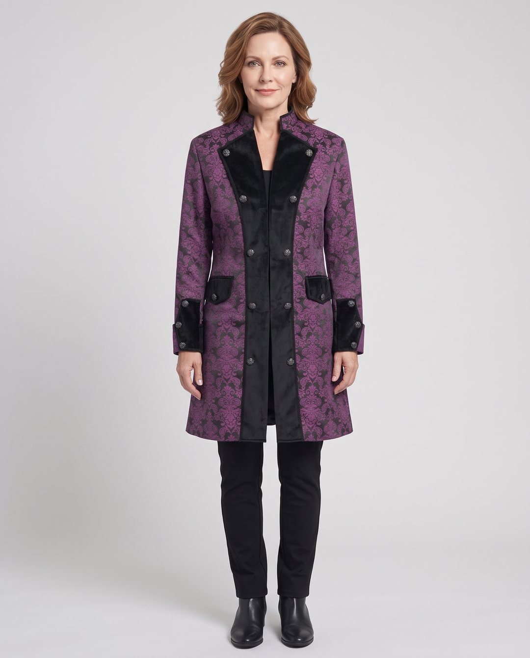 Embellished brocade stand-collar coat