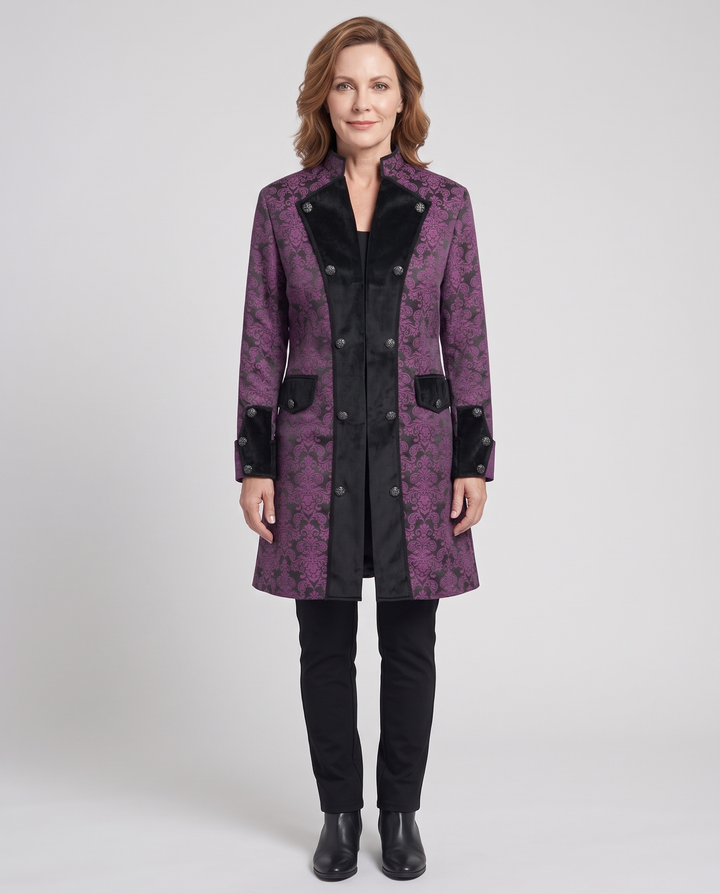 Embellished brocade stand-collar coat