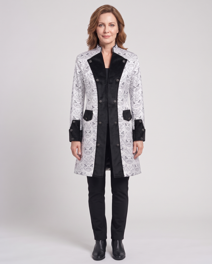 Embellished brocade stand-collar coat in White