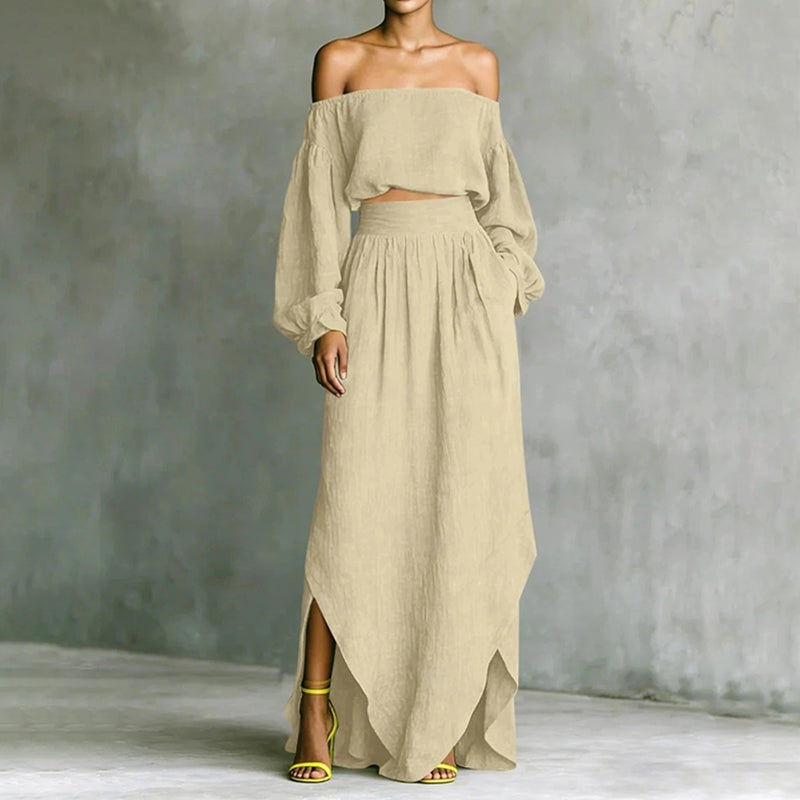 Solid-color Off-shoulder Top And Asymmetrical Skirt Two-piece Set