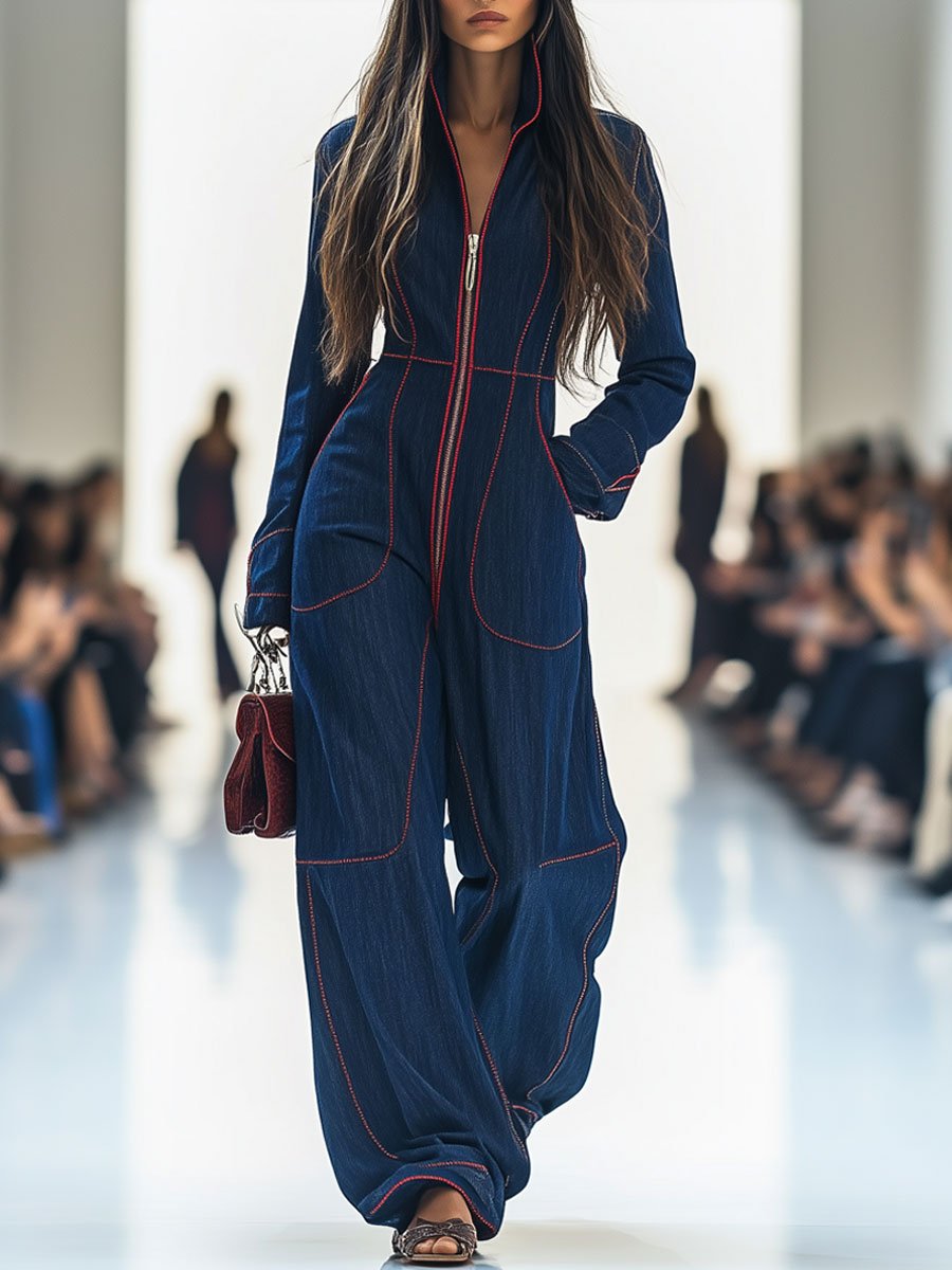 Dark blue denim jumpsuit with zip front and red contrast stitching, front