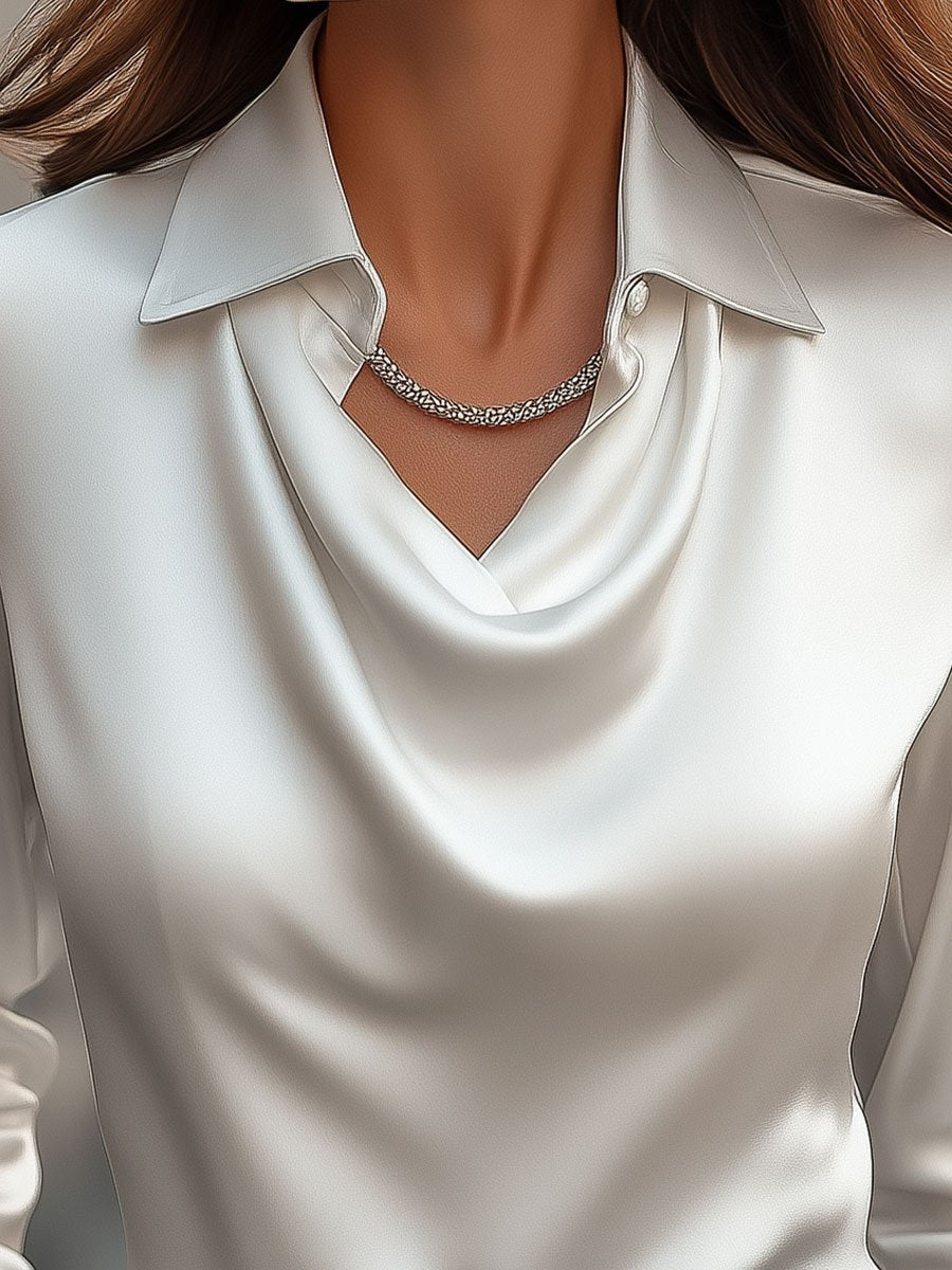 Draped cowl neckline detail — Seraphine satin blouse