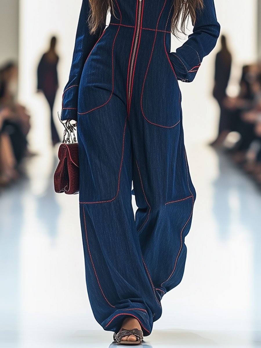 Wide-leg denim jumpsuit lower body showing loose leg and pockets
