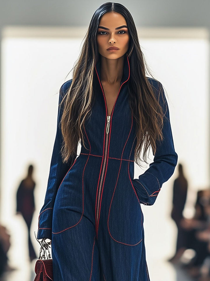 Denim jumpsuit upper bodice with stand collar and zip, close view
