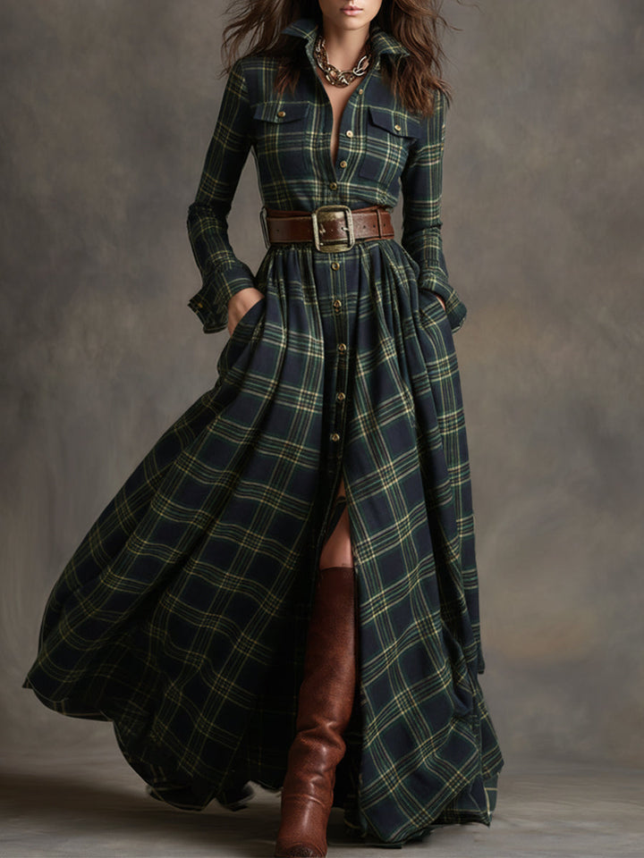 Fiona plaid belted maxi shirt dress in Green