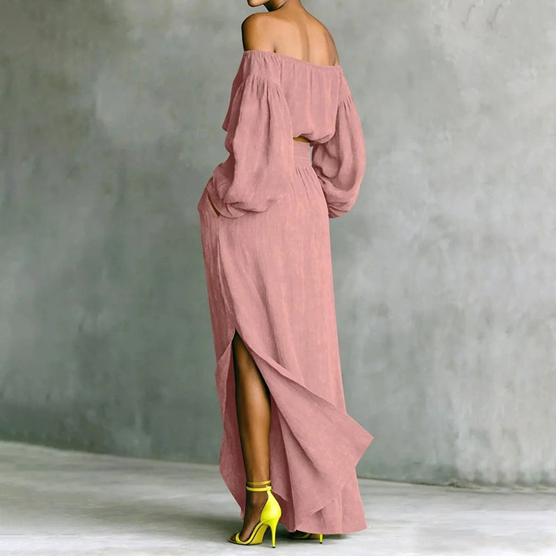 Solid-color Off-shoulder Top And Asymmetrical Skirt Two-piece Set