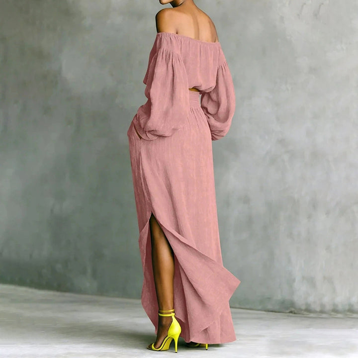 Solid-color Off-shoulder Top And Asymmetrical Skirt Two-piece Set