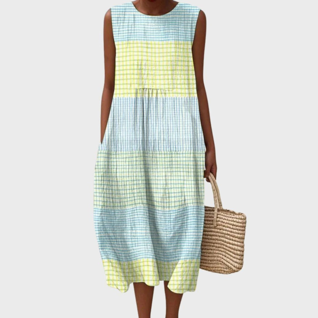 Delphine sleeveless tiered linen midi dress in yellow plaid