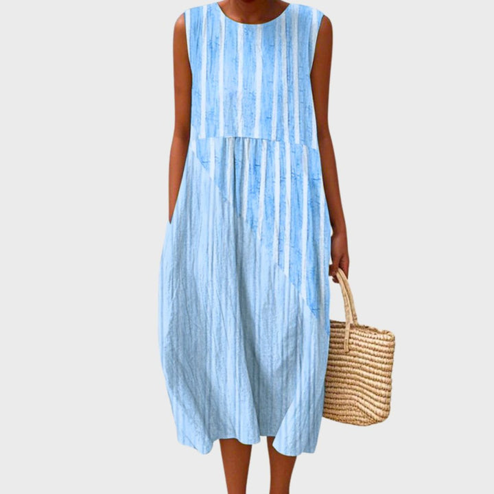 Delphine sleeveless tiered linen midi dress in sky blue stripe