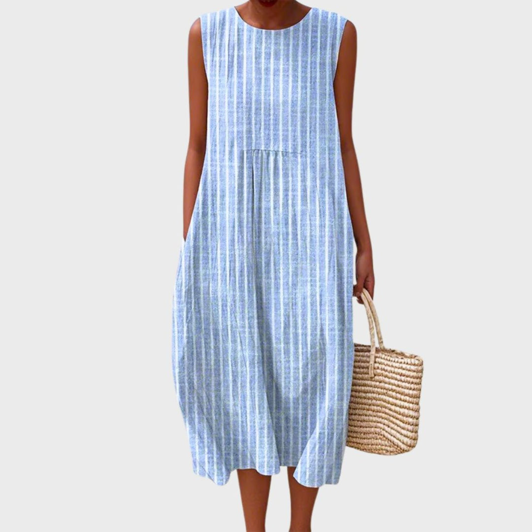 Delphine sleeveless tiered linen midi dress in chambray stripe
