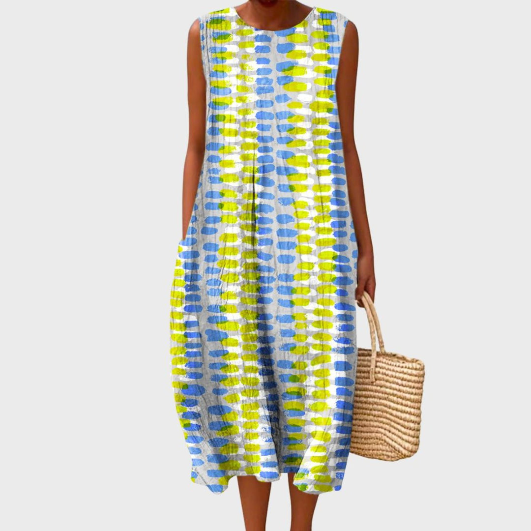 Delphine sleeveless tiered linen midi dress in blue multi print