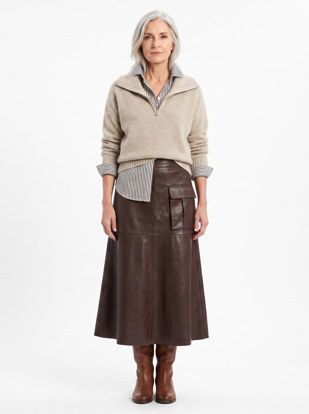 Marisol beige zip-collar sweater and brown faux leather midi skirt set