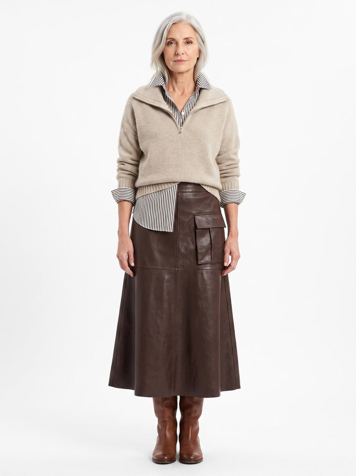 Marisol beige zip-collar sweater and brown faux leather midi skirt set