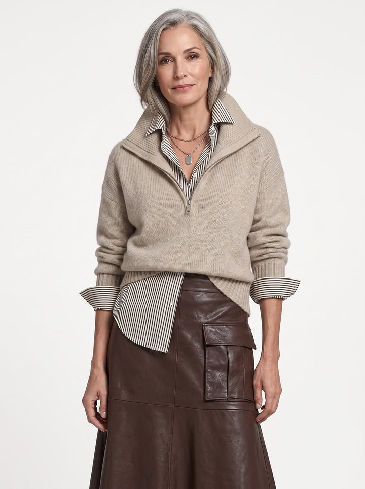 Marisol beige zip-collar sweater and brown faux leather midi skirt set