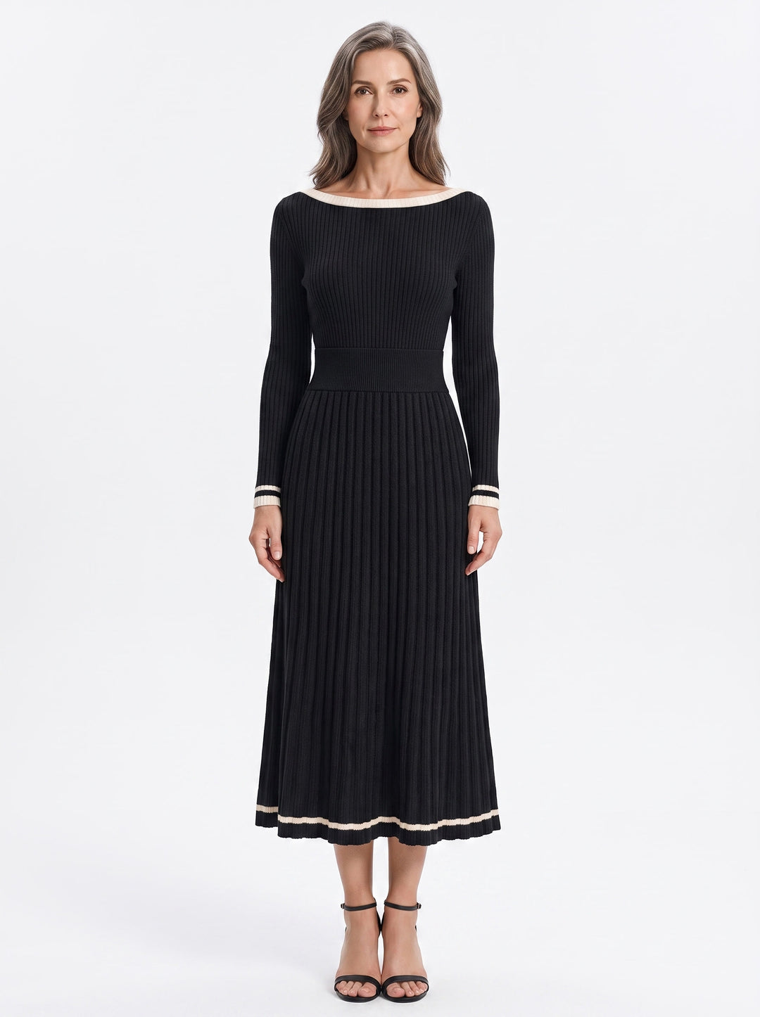 Corinne Women's Corset Sweater Dress in black ribbed knit with ivory trim