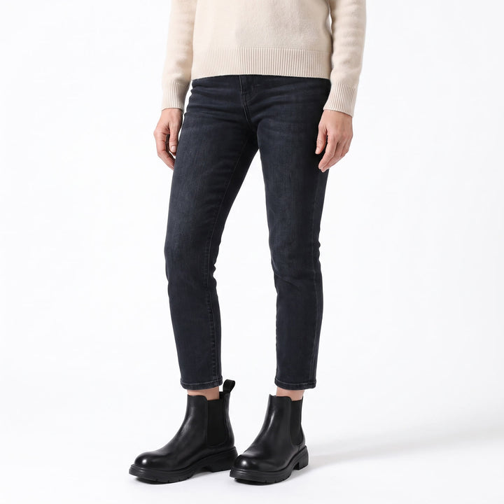Woman wearing Marisol black genuine leather Chelsea boots