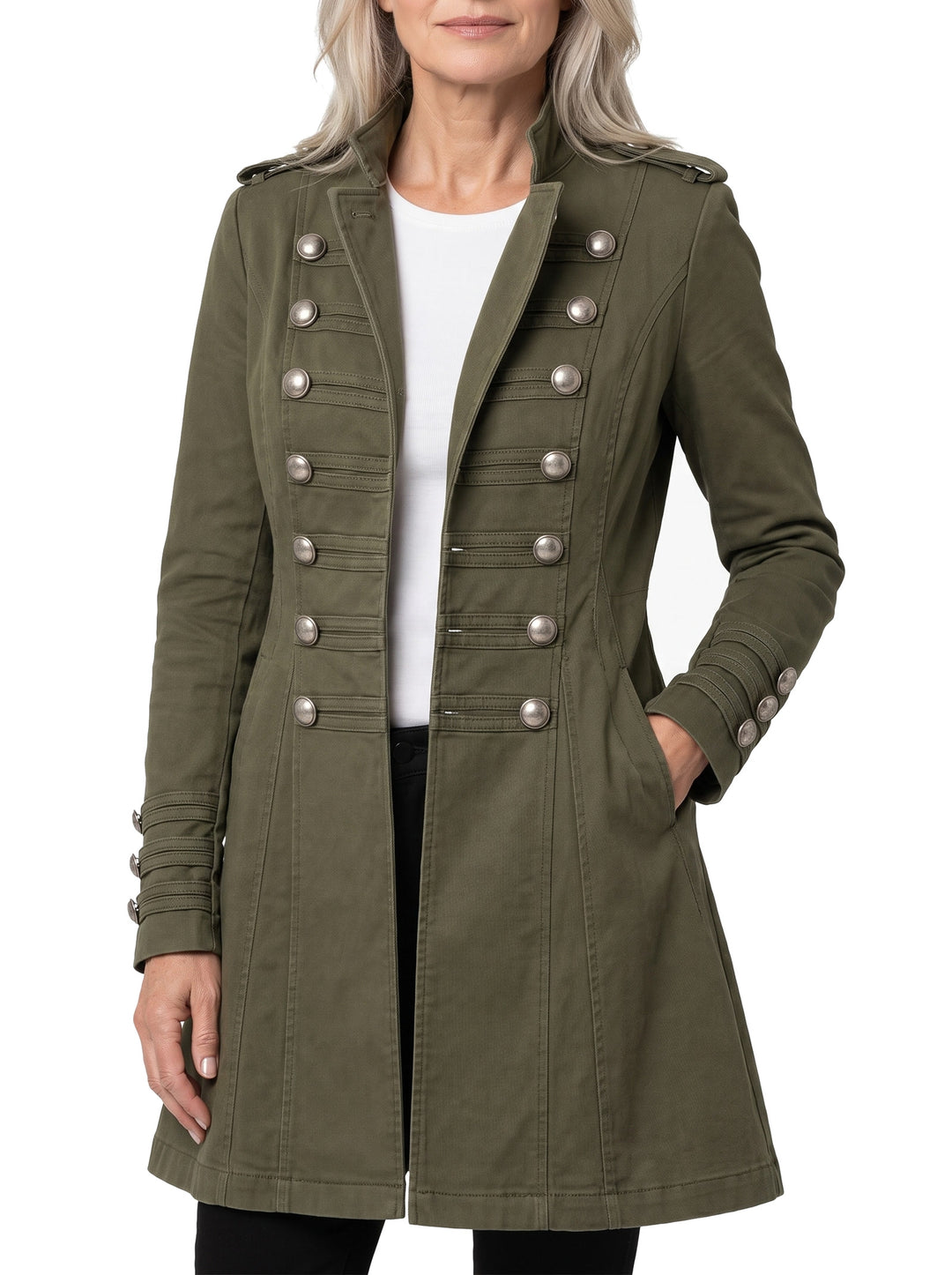 Woman wearing the Nora olive green double-breasted military trench coat