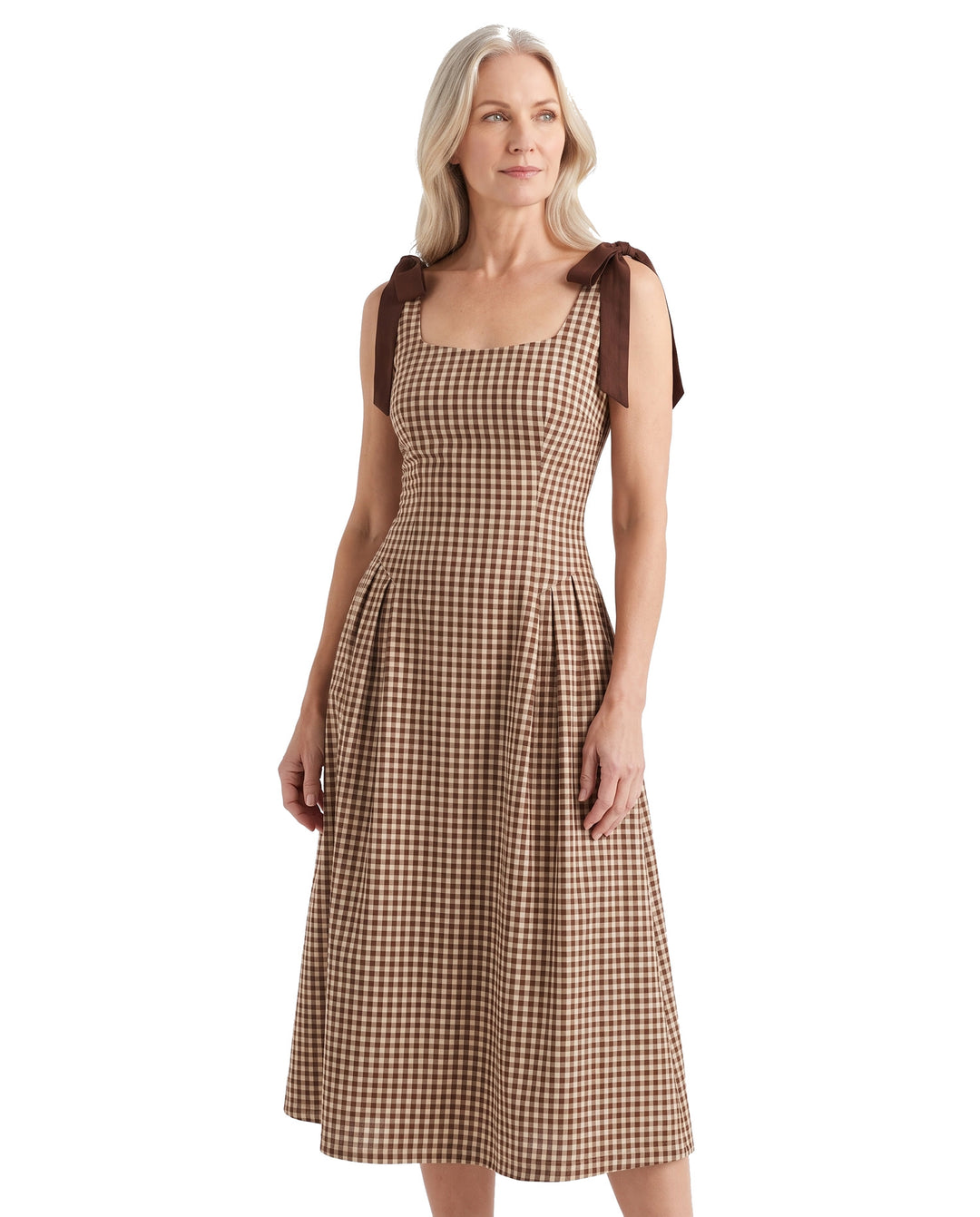 Lottie brown plaid sheath midi dress on model, white background