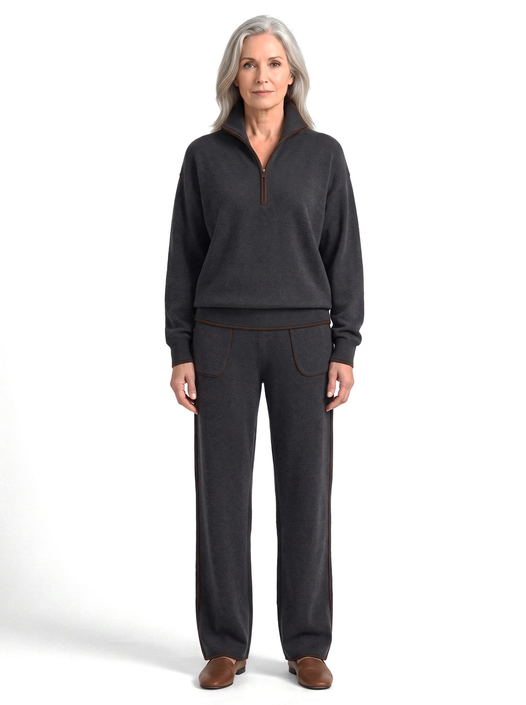 Penelope womens charcoal half-zip contrast-trim top and wide-leg palazzo pants set