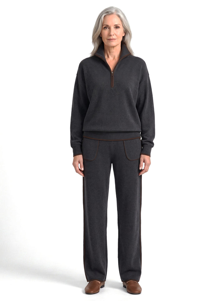 Penelope womens charcoal half-zip contrast-trim top and wide-leg palazzo pants set