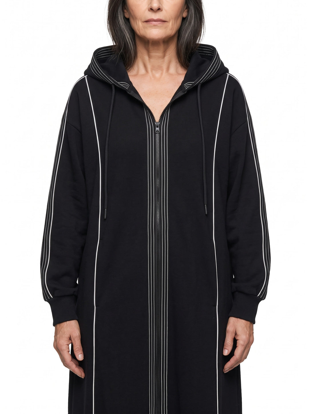 Yvonne womens hooded long coat in sweatshirt fabric