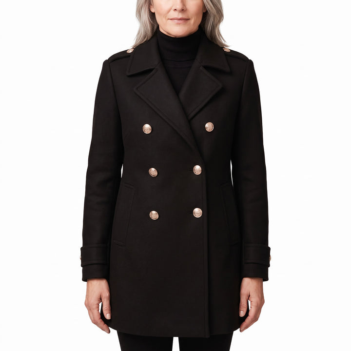 Woman wearing the Martha black double-breasted wool trench coat