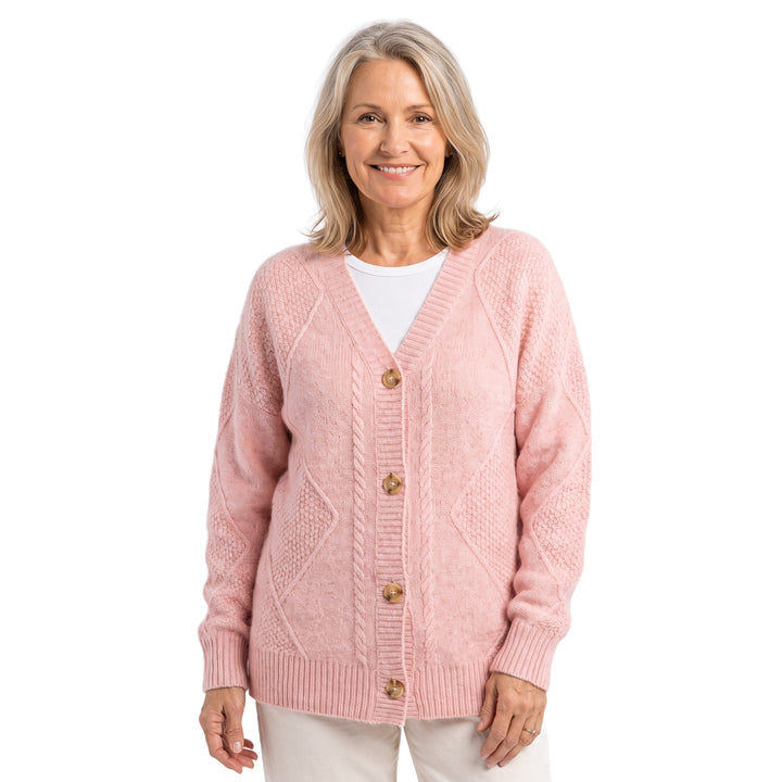 Woman wearing the Miriam-Joyce soft-touch buttoned knit cardigan in pink