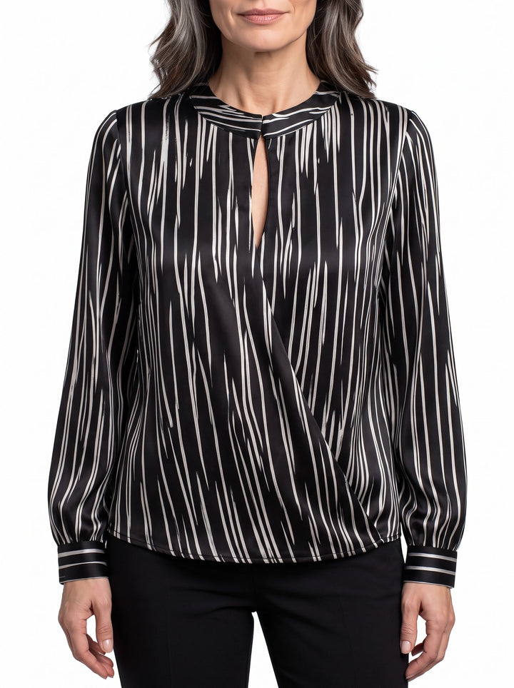 Woman wearing the Georgia-Camilla striped satin wrap blouse in black