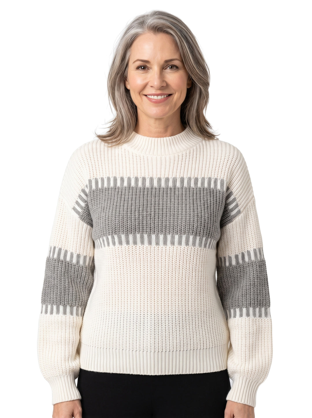 Lavinia-Henrietta Women's Colour-Block Striped Sweater in White and Grey worn by a model