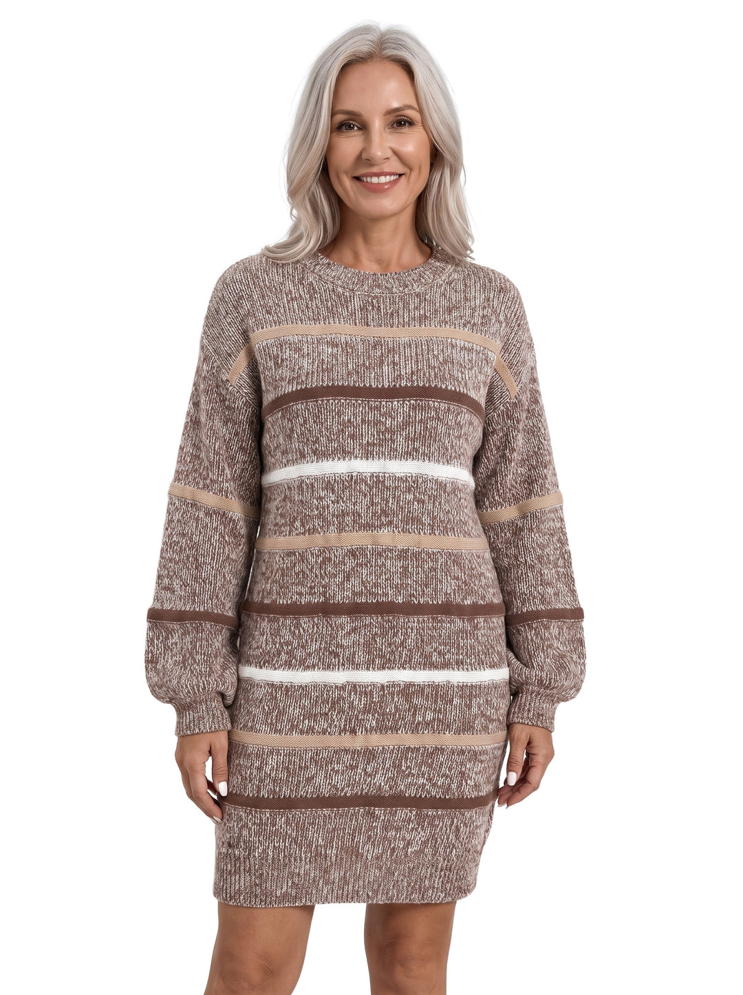 Iris-Roberta Women's Cozy Striped Sweater Dress in Brown and Cream worn by a model