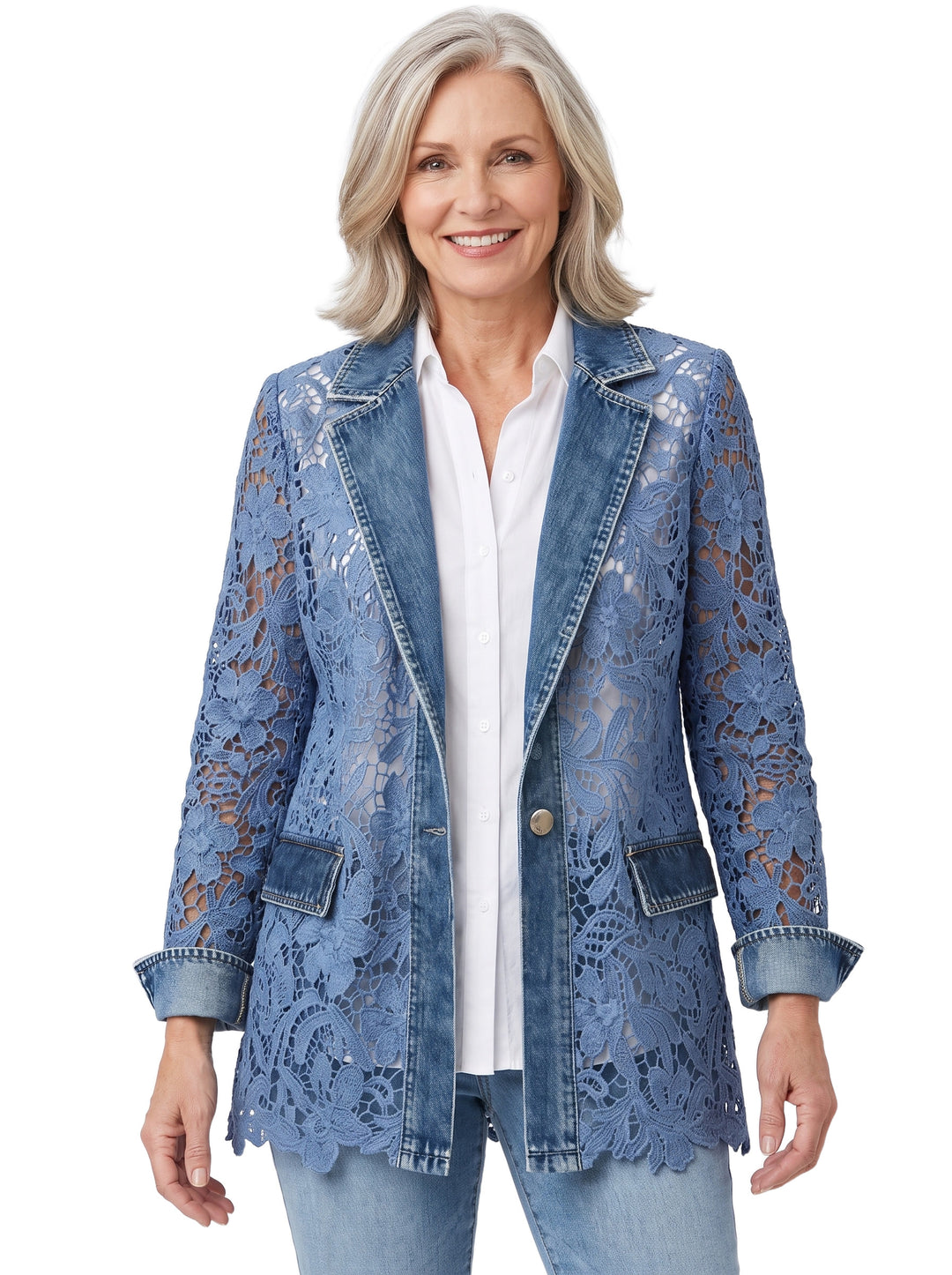 Rosemary Women's Relaxed Blazer with Floral Lace Panels in Denim Blue