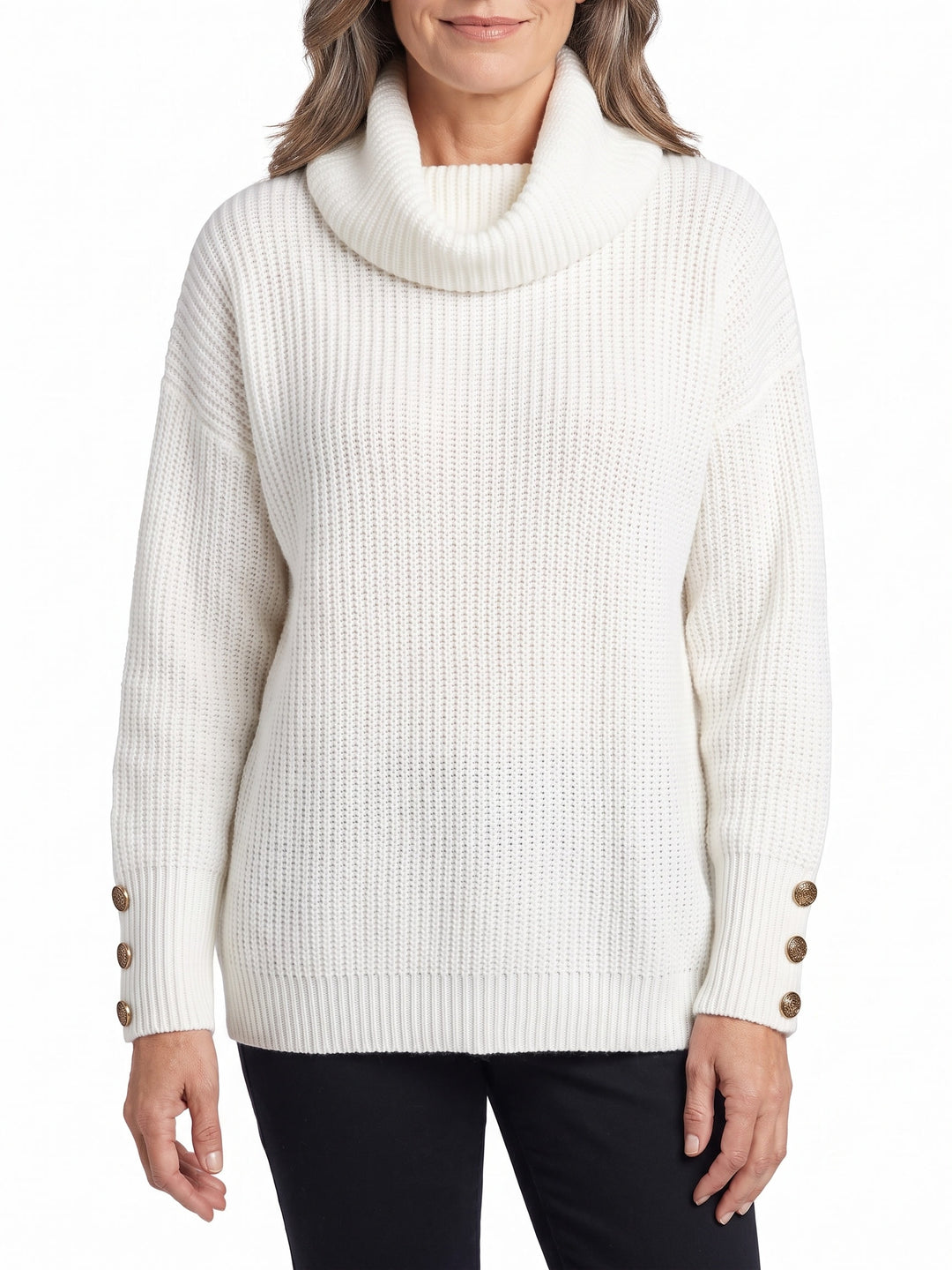 Bridget Women's Foldover Cowl Neck Sweater in White worn by a model, front view