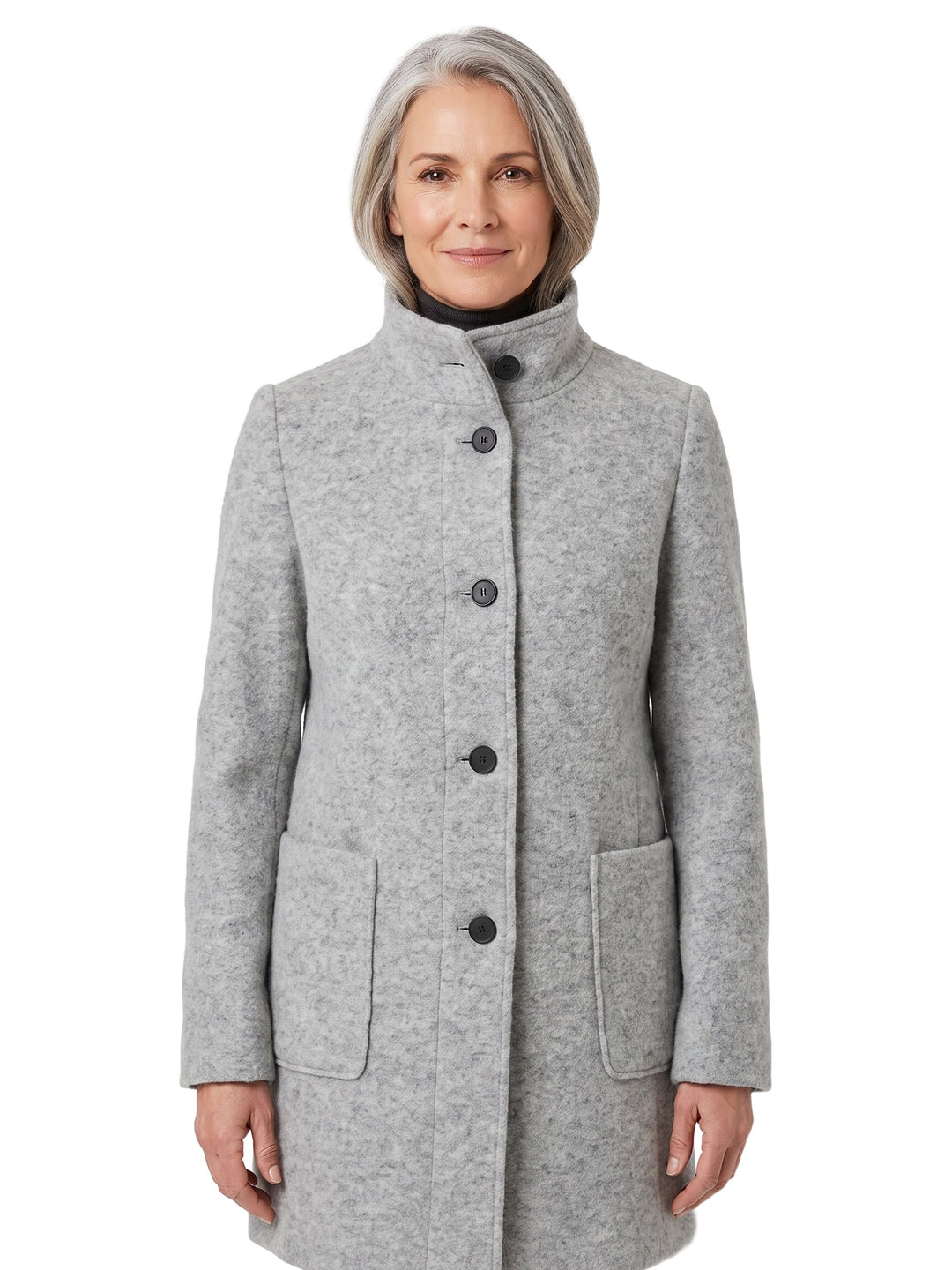 Yvonne | Women's Button-Front Trench Coat in light gray worn by a model