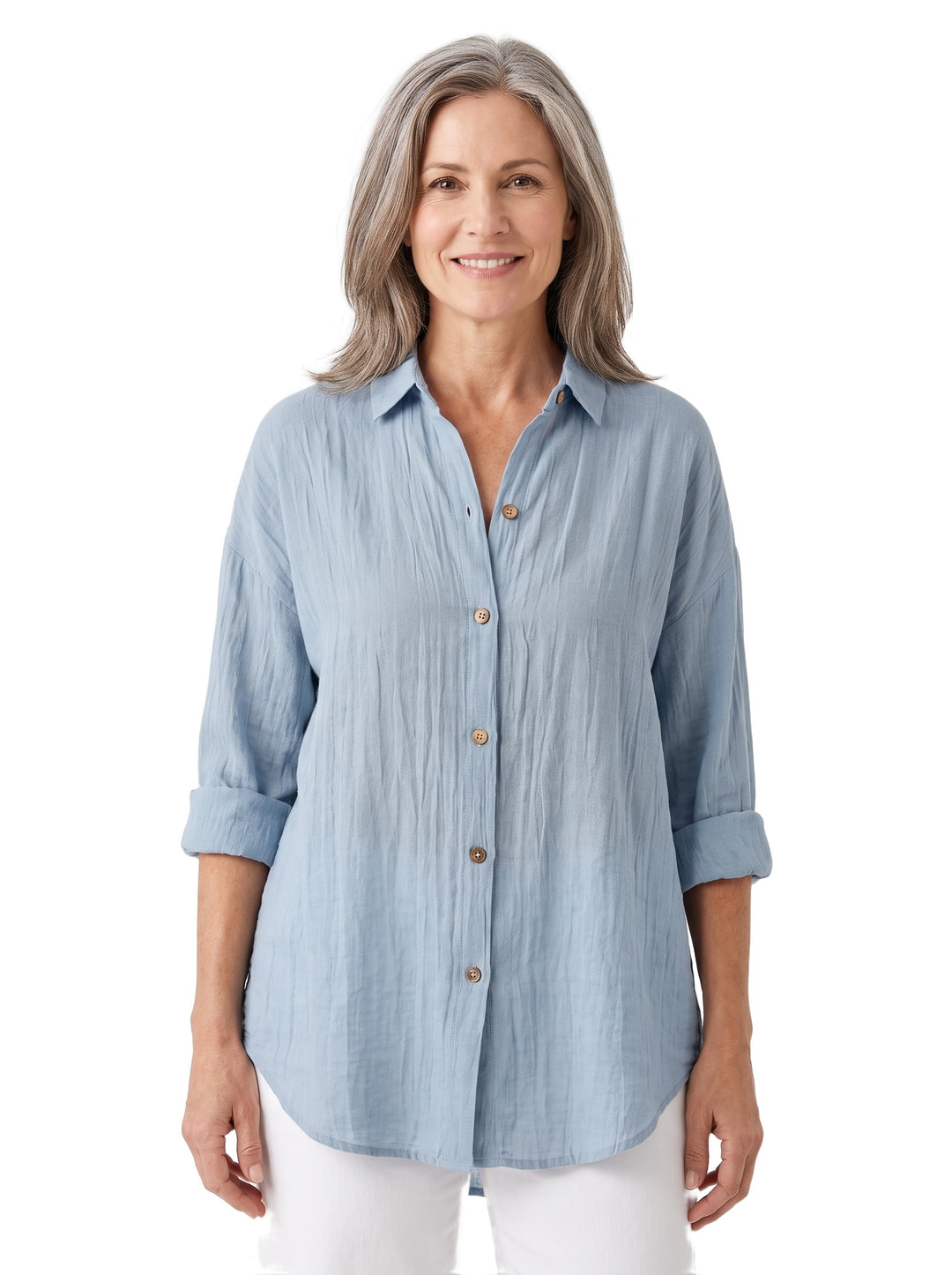 Priscilla Women's Linen-Blend Button-Down Blouse in light blue worn by a model