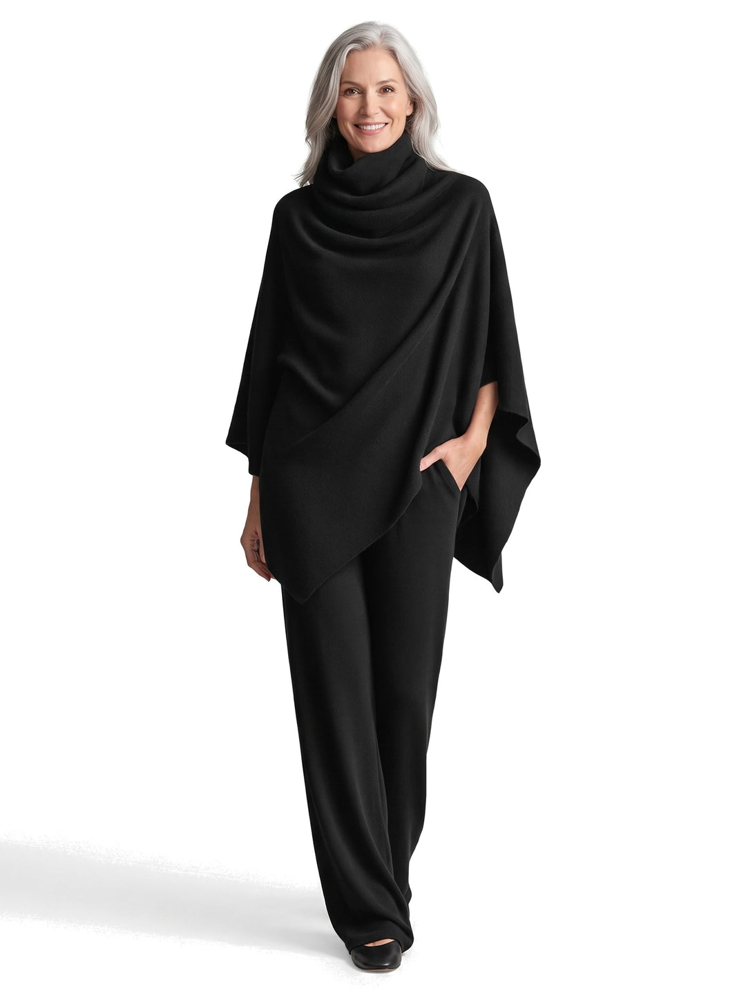 Ruth Women's Knit Cape Top and Wide-Leg Pants Set in Black worn by a model