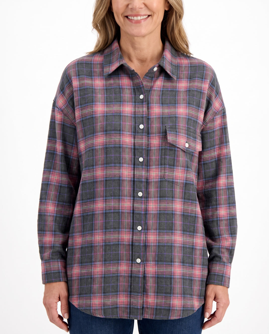 Gilda Women's Oversized Check Blouse worn by a model, studio shot