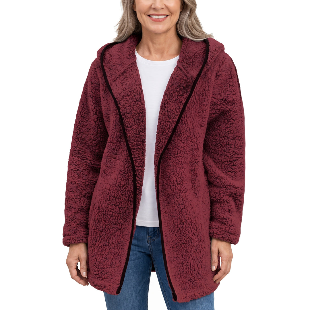 Wilhelmina Women's Wool Fleece Hooded Jacket in Wine worn open over a white tee
